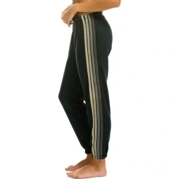 Aviator Nation Pants - Aviator Nation 5 Stripe Sweatpants, Charcoal/Grey Stripes Size L